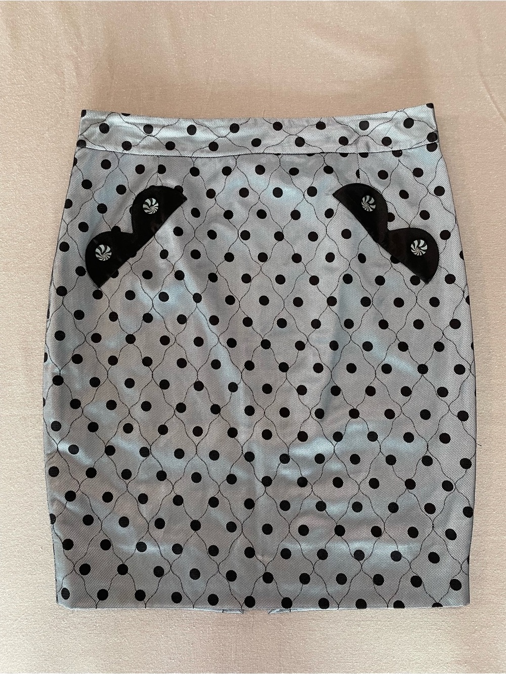 Marc Jacobs Powder Blue Silk Blend Pencil Skirt w/ Black Polka Dot Lace Y2K